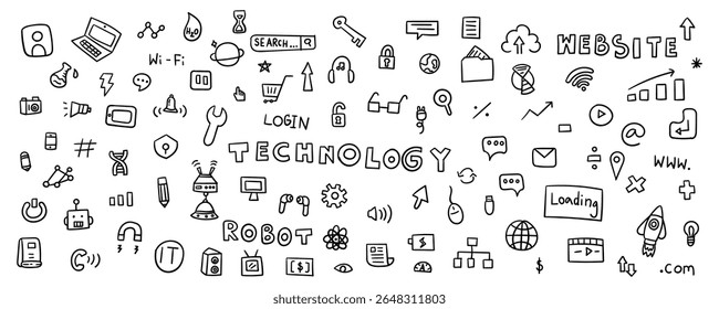 Elementos de Tecnología e innovación dibujados a mano – Juego de Vectores de línea Doodle