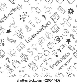 Hand drawn technology innovations seamless pattern with business scientific elements and icons vector illustration 