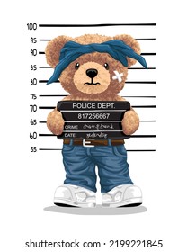 Hand drawn teddy bear cartoon in gangster style arrested posing for mugshot