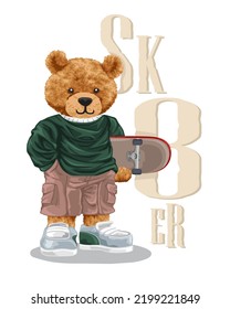 Hand drawn teddy bear cartoon in skater stylish with skateboard 