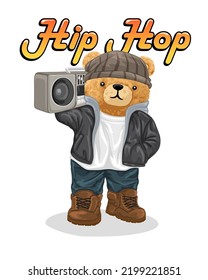 Hand drawn teddy bear cartoon in hip hop style with tape recorder