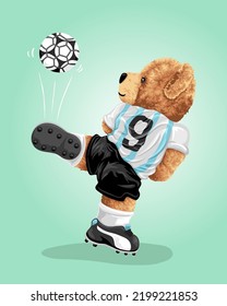 Hand drawn teddy bear cartoon playing soccer