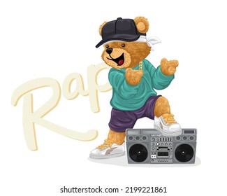 Hand drawn teddy bear cartoon in hip hop style with tape recorder