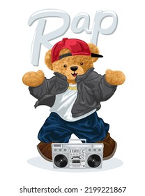 Hand drawn teddy bear cartoon in hip hop style with tape recorder