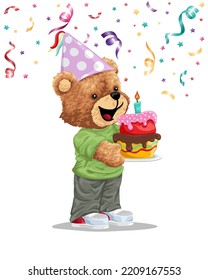 Hand drawn teddy bear cartoon with cake in birthday party