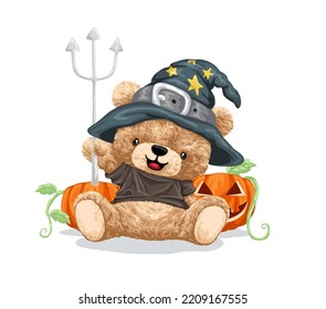 Hand drawn teddy bear cartoon holding trident in Halloween costume with pumpkins