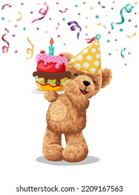 Hand drawn teddy bear cartoon with cake in birthday party