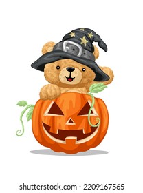 Hand drawn teddy bear cartoon in Halloween costume with pumpkin