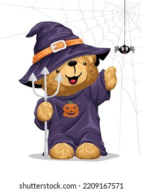 Hand drawn teddy bear cartoon holding trident in Halloween costume with little spider