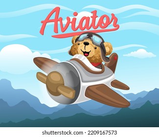 Caricatura del oso de peluche dibujado a mano piloteó un avión sobre el paisaje de fondo