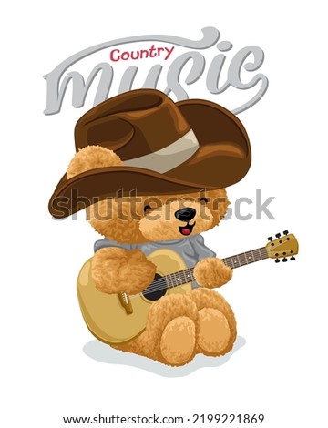Hand drawn teddy bear cartoon with cowboy hat playing guitar
