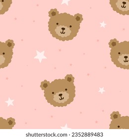 hand drawn teddy bear cute face with stars on a pink pastel background, girly kids seamless pattern background 