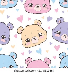 Hand Drawn Teddy Bear and heart Pattern Seamless Vector Illustration   