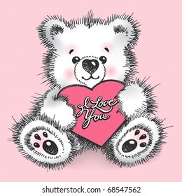 Hand drawn teddy bear with a heart in paws on a pink background. Vector illustration.