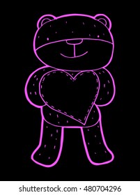 hand drawn teddy bear holding heart. sketchy