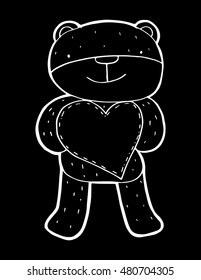 hand drawn teddy bear holding heart. sketchy