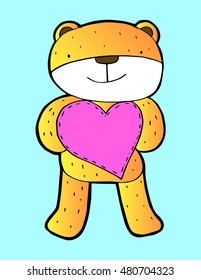 hand drawn teddy bear holding heart. sketchy