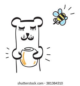 Hand drawn teddy bear with honey and a bee flying around, vector icon illustration
