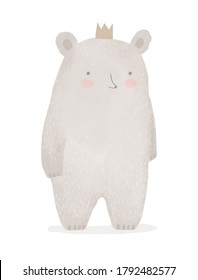 Hand Drawn Teddy Bear Isolated on a White Background. Cute King Bear Wearing a Gold Crown. King of Forest. Woodland Party Vector Illustration. Nursery Art ideal for Card, Poster, Wall Art.