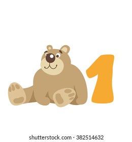 Hand drawn teddy bear isolated on white. It sitting near number one. Congratulates the baby first birthday. Children toy. Vector illustration