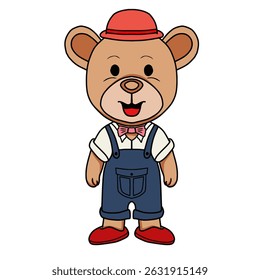 Hand drawn teddy bear with overalls vector illustration. Sketch style. Adorable teddy bear character on white background