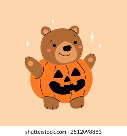 Handgezeichneter Teddybär im Kürbiskostüm. Netter Cartoon-Charakter, Bube oder Laterne, Halloween. Flache Vektorgrafik für Kinder