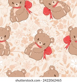 Hand Drawn Teddy Bear and red bow pattern seamless vector Illustration