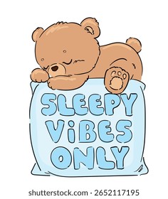 Urso de pelúcia desenhado à mão sentado no travesseiro com apenas texto de sonolência. Ilustração de berçário para dormir bonito