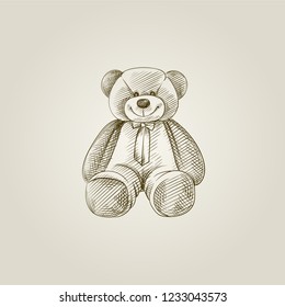 Hand Drawn Teddy bear Sketch Symbol isolated on background. Vector of cute newborn things In Vintage Style.