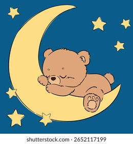 Hand Drawn Teddy bear sleeping on moon with yellow stars. Cute night sky baby illustration