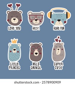 Hand drawn teddy bears with lettering sticker set. Cute illustrations for greeting card, poster and kids clothes. Forest wild animals bears vector illustration.