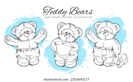 Hand drawn of Teddy bears vector isolated illustrations. Set of colorless funny cartoon dolls bears boy with heart and bunny toy. Engraving sketch with lettering and blue watercolor stain.