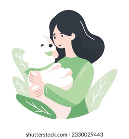 Hand Drawn teenage girl with cute dog in flat style isolated on background