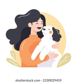 Hand Drawn teenage girl with cute dog in flat style isolated on background