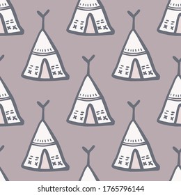 Hand drawn teepee vector seamless pattern. Tribal wigwam endless wallpaper. Decorative backdrop for fabric design, textile print, wrapping, cover