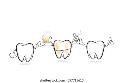 Hand drawn of teeth doing flossing with thread as concept for oral care.Vector illustration