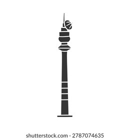 Hand drawn telecommunication antenna tower doodle icon transmitting wireless radio and cellular network signals.