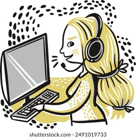 Hand Drawn telephone call agent with a computer