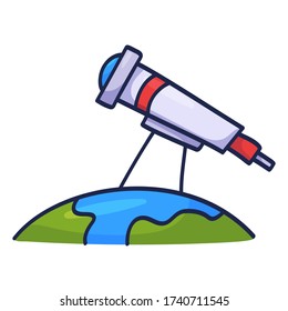 Hand drawn telescope doodle icon on earth. Hand drawn black sketch. Decoration element Flat design. Vector illustration