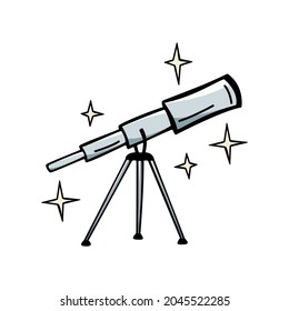 Hand drawn telescope icon in doodle style.