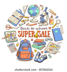 Hand drawn template with back to school object - books, notebook, blackboard, pen, globe, paint, shoes, backpack, microscope, pencil-case, glue. Super sale banner. Doodle back to school background.