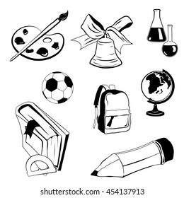 Hand drawn template with back to school object - books, notebook, blackboard, pen, globe, paint, shoes, backpack, bell, pencil-case, glue. Super sale banner. Doodle back to school background.