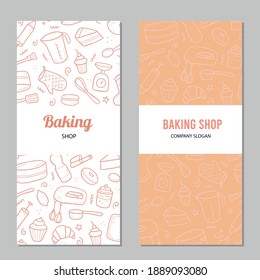 Hand Drawn Template With Baking And Cooking Tools, Mixer, Cake, Spoon, Cupcake, Scale. Doodle Sketch Style. Illustration For Baking Shop, Bakery Business Card Design.