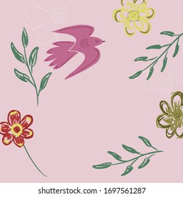 Hand drawn template for card, frame, invitation. Multicolored flowers and bird on a light pink background. Empty space for your text or design. 