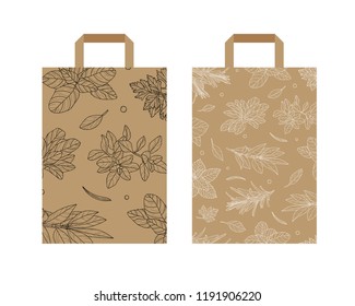 Hand drawn template with culinary herbs and spices. Vector illustration for paper bag, packaging, recipes, label, farm market products. Hand drawn vintage background. Botanical banner template.