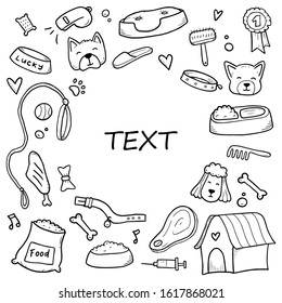 Hand drawn template of dog and pet accessories elements. For the design of dog themes: training, caring, grooming a dog. Doodle sketch style vector illustration. Copy space for text.