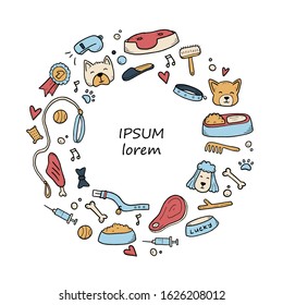 Hand drawn template of dog and pet accessories elements. For the design of dog themes, training, caring, grooming a dog. Doodle sketch style vector illustration. Copy space for text.