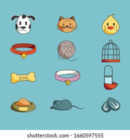 Hand drawn template of dog and pet accessories elements. 