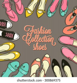 Hand drawn template with female shoes set. Vector top view objects illustrations. Spring-summer fashion collection. Doodle sketch background for shoes shop in retro style.