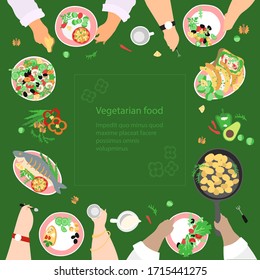 Hand drawn template in the form of a festive table at which friends and family dine - vegetarianss, eat and talk. Appetizing detailed traced delicacies. Great typography for poster, card or restaurant